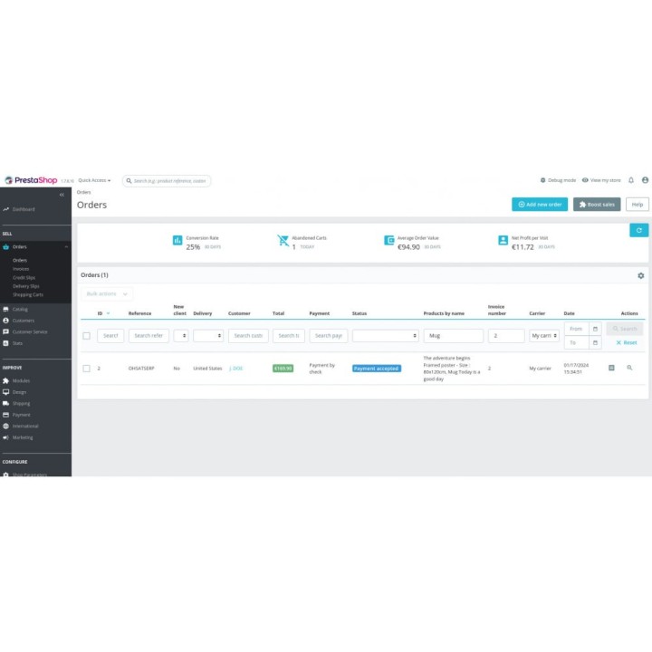 Colonnes supplémentaires liste commandes : Transporteur, Détail de la Commande, Facture, Groupe de Clients