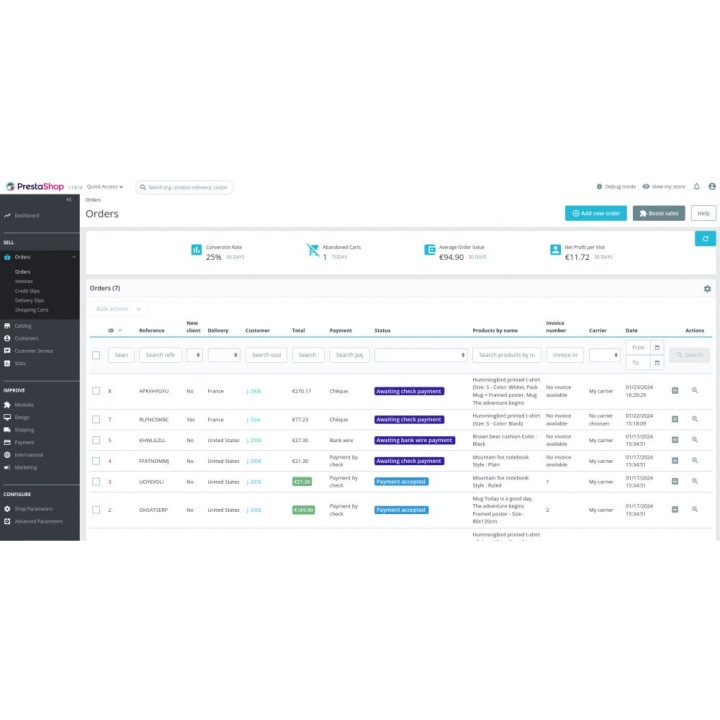 Colonnes supplémentaires liste commandes : Transporteur, Détail de la Commande, Facture, Groupe de Clients