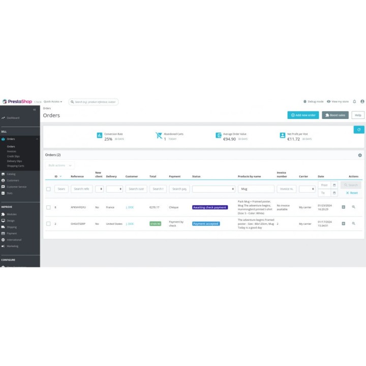 Colonnes supplémentaires liste commandes : Transporteur, Détail de la Commande, Facture, Groupe de Clients