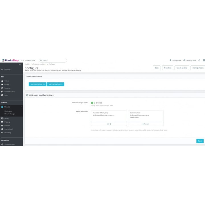 Colonnes supplémentaires liste commandes : Transporteur, Détail de la Commande, Facture, Groupe de Clients